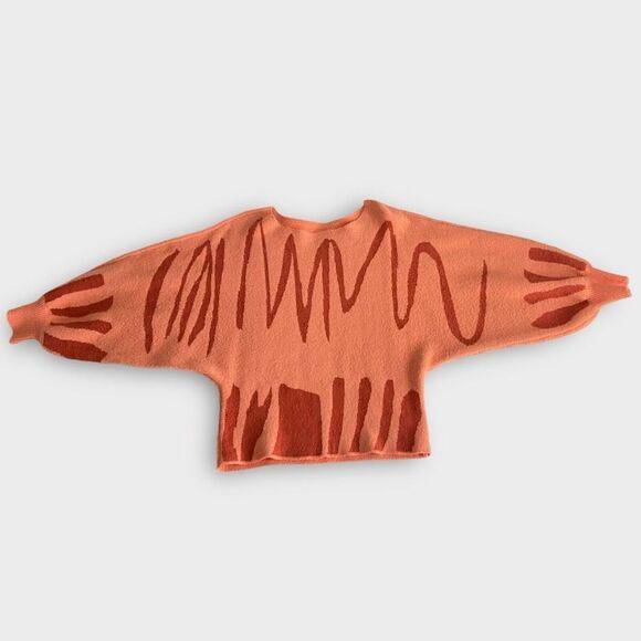 Women's Orange Abstract Patterned Sz L Crew Neck Lantern Balloon Sleeve Sweater - Picture 9 of 12